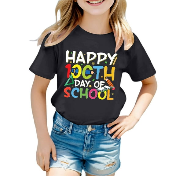 Girl Shirts Cute Graphic Print Girls 100 Days Of School Shirt Lightweight Tunic Tees Blouses Pullover Tops Black,6-7 Years