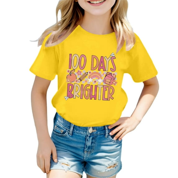 Girl Shirts Letter Print Preppy 100 Days Of School Cute Casual Summer Tees Loose Fit Summer Cute Trendy Tops Pullover Tops Yellow,10-11 Years