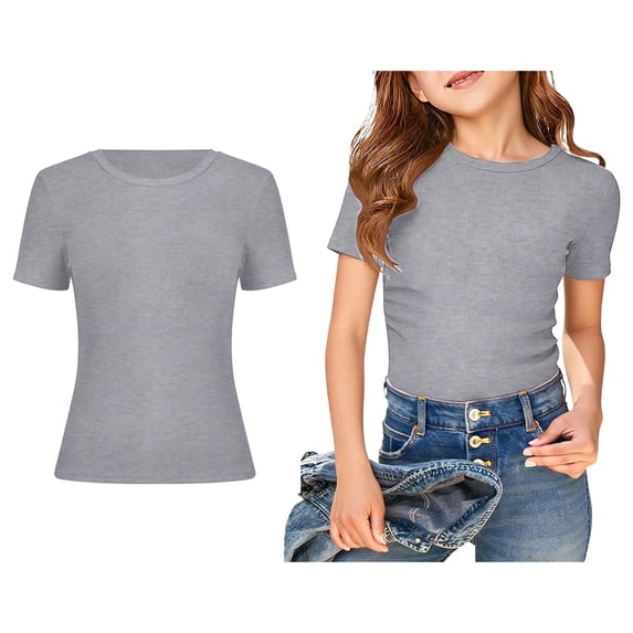 Girl Shirts Short Sleeve Crew Neck Ribbed Shirt for Girls Basic Plain Girls Clothing 11-12 Years