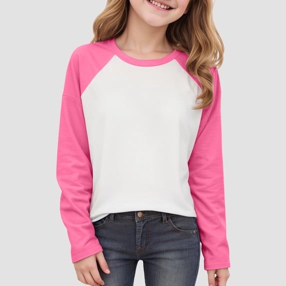 Girl Shirts Size 10-12 Blue Shirt Girls Girl's Color Block Cotton Long Sleeve T Shirts Crewneck Loose Fit Tunic Tops Fall Casual Blouses