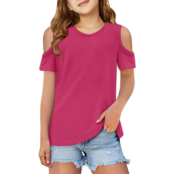 Girl Shirts Size 10-12 Cute Cut Out Short Sleeve Solid Crew Neck Pullover Tops Soft Activewear T-Shirts,Hot Pink,4-5 Years