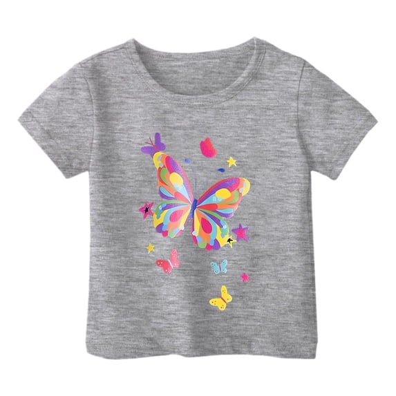 Girl Shirts Size 14-16 Butterfly Graphic Drop Shoulder Short Sleeve Top Tees Shirt Soft Cute Graphic Top Children Clothing,Grey