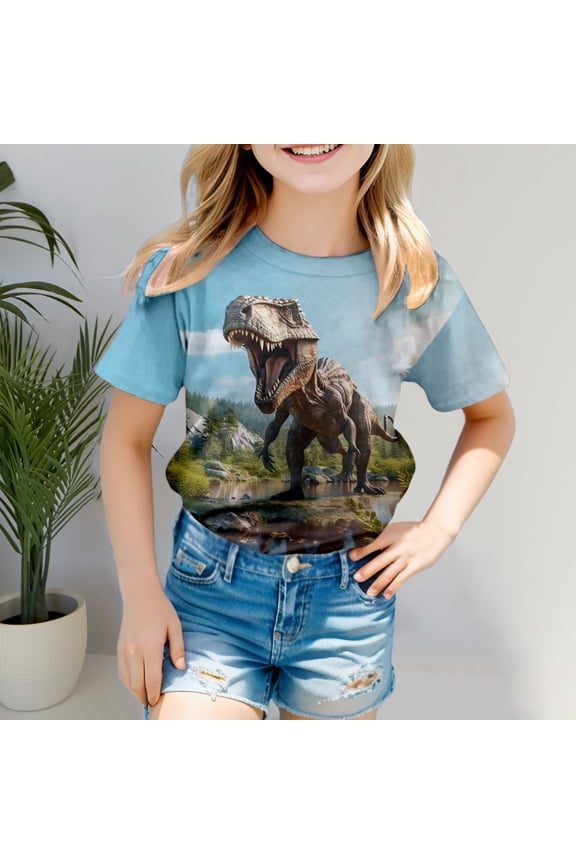 Girls Shirts Breathable Loose Bold Dinosaur Print Short Sleeve Round Neck Top Toddler Girls Clothes Light Blue 18-24M