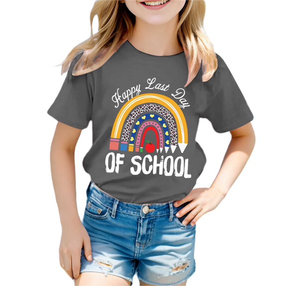 Girl Shirts Size 7-8 Last Day of School Graphic Print Short Sleeve Crewneck T Shirts Loose Fit Casual Tops Summer Clothes,A-Grey,110(3-4 Years)