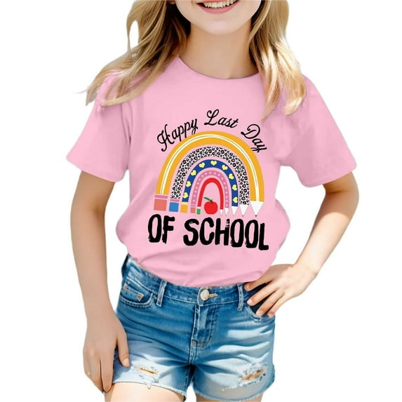 Girl Shirts Size 7-8 Last Day of School Graphic Print Short Sleeve Crewneck T Shirts Loose Fit Casual Tops Summer Clothes,A-Pink,120(5-6 Years)