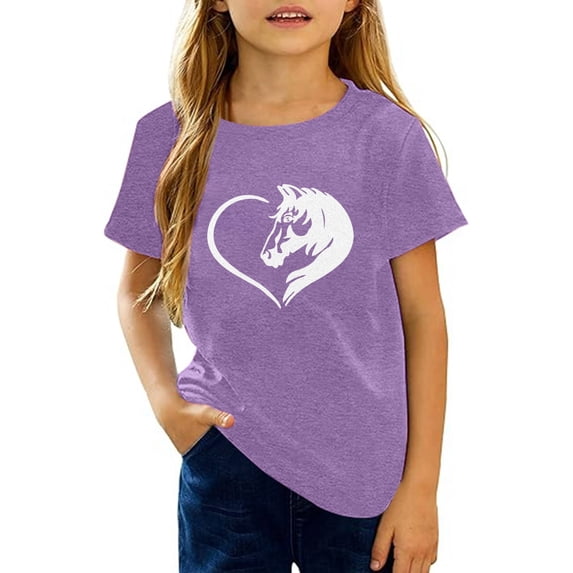 Girl Shirts Unisex Horse Heart Print Short Sleeve Round Neck Top Soft Breathable Daily Girls Clothes Purple 10-11Y