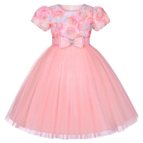 Girl Short Sleeve 3D Flower Tutu Dresses Holiday Princess Wedding Party Costume