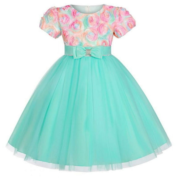 Girl Short Sleeve 3D Flower Tutu Dresses Holiday Princess Wedding Party Costume