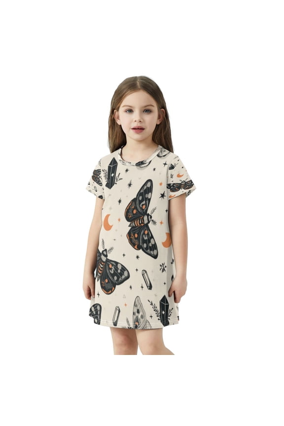 Girl Short Sleeve Dresses Casual Sundress Black and White Moths