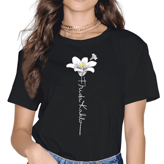 Girl Short Sleeve T-shirt New White Lily Art Letter Printed Women Tshirt Casual Funny Tee Female Harajuku T Shirt Women Tops