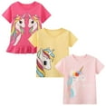 thumbnail image 1 of HILEELANG Little Girl Short Sleeve Tee Shirt Unicorn Cotton Casual Crewneck Graphic Tops T-Shirts Pink Yellow 3 Packs Sets Size 8, 1 of 4