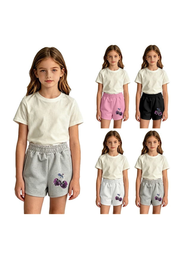 Girl Shorts Cherry Print Kids Loose Fit Casual Shorts Summer Cute Comfortable Breathable Black 3-4Y