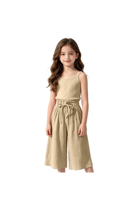 Girl Shorts Girls Korean Style Wide Leg Shorts Solid Drawstring Elastic Waist Summer Breathable Casual Kids Pants Candy Color Comfortable Khaki 11 Years-12 Years