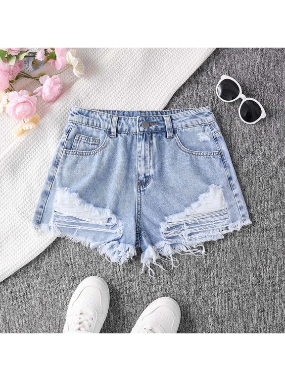 Girl Shorts Girls Ripped Design Denim Shorts Summer Fashion Light Blue 14-15 Years