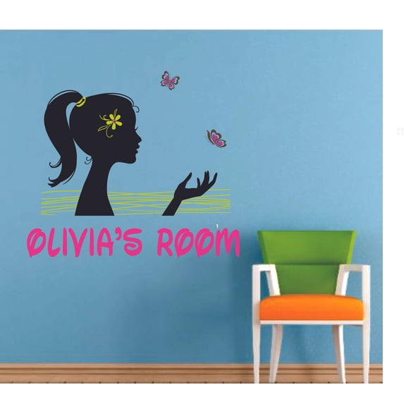 Girl Silhouette Butterfly Cartoon Customized Wall Decal - Custom Vinyl Wall Art - Personalized Name - Baby Girls Boys Kids Bedroom Wall Decal Room Decor Wall Stickers Decoration Size (18x20 inch)