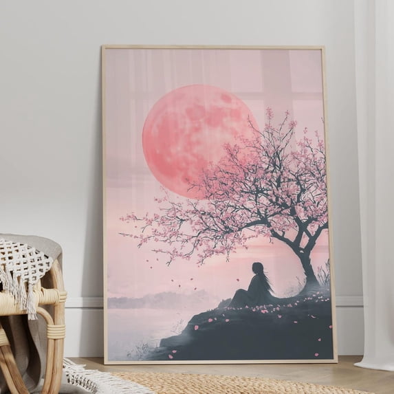 Girl Silhouette Under Cherry Blossom Tree Poster, Pink Sun Japanese ...