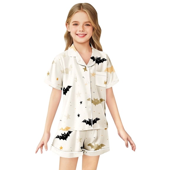 Girl Silk Pajamas Set Girls Button Down Pajamas Set Sleepwear Loungewear Set Halloween prints Toddler Boy Clothes 8-9 Years