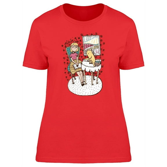 Girl Sitting Next To Cat Design T-Shirt Women -Image by Shutterstock, Female Medium