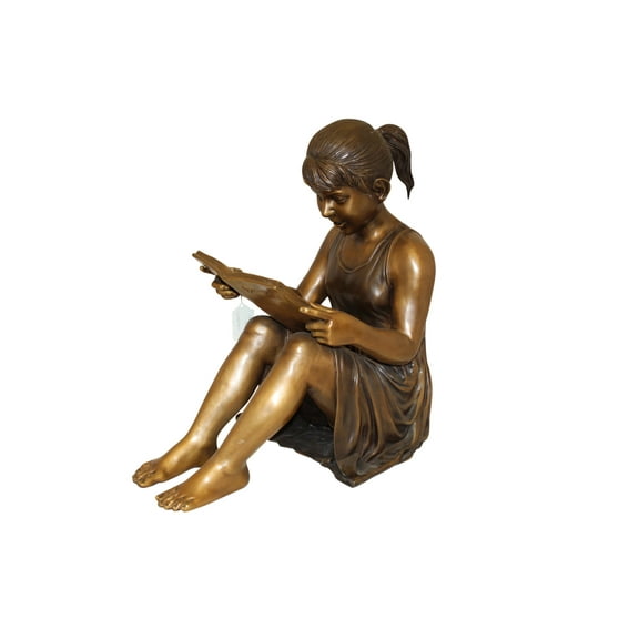 Girl Sitting and Reading a Book Bronze Statue -  Size: 23"L x 15"W x 24"H.