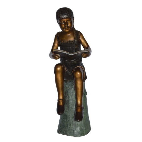 Nifao Girl Sitting on a Tree Stump, Reading Bronze Statue – Home Office Decor Sculpture, 15"L x 20"W x 22"H
