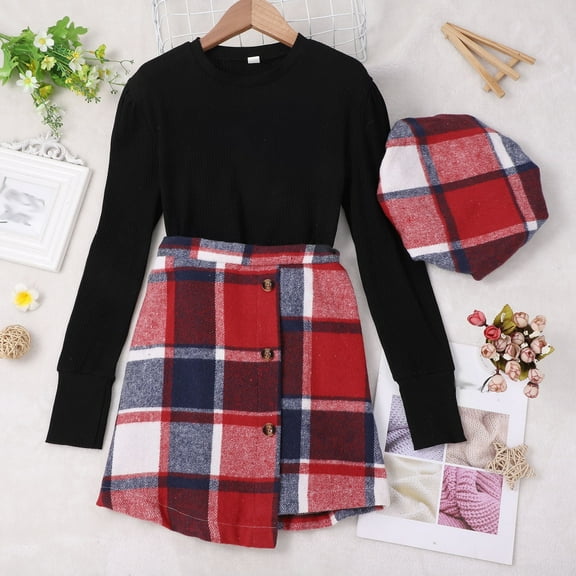 Girl Skirt Sets 3 Piece Outfits Long Sleeve Ribbed Knit Tops Buffalo Plaid Mini Skirts Set Outfits Toddler Winter Dresses for Girls 7-8 Years