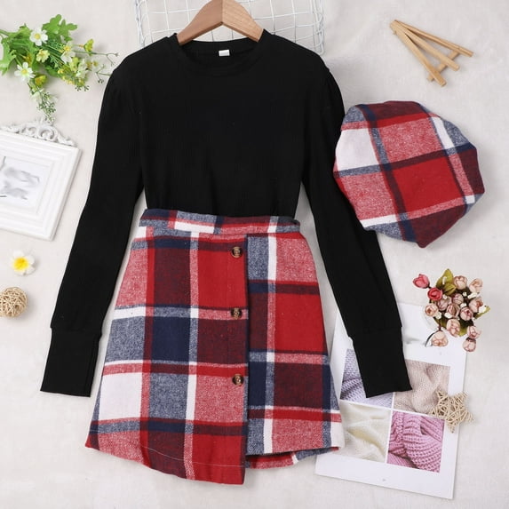 Girl Skirt Sets 3 Piece Outfits Long Sleeve Ribbed Knit Tops Buffalo Plaid Skirt with Hat Toddler Special Occasion Dress for Tween Girls 11-12 Years