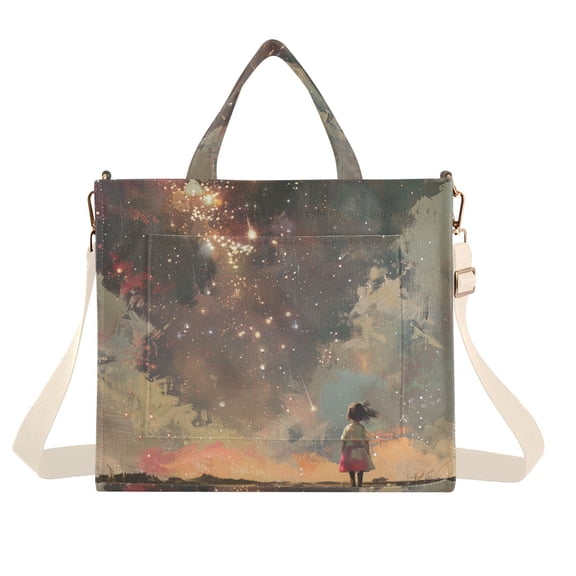 Girl Sky Firework Corduroy Tote Bag Handbag Large Messenger Bag Shoulder Crossbody Zipper Bag Purse