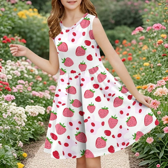 Girl Sleeveless Dress Print Crew Neck Summer Casual Tunic Sundress