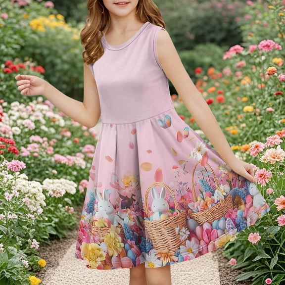 Girl Sleeveless Dress Print Crew Neck Summer Casual Tunic Sundress