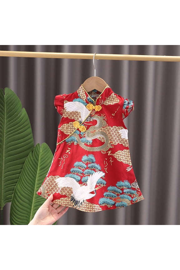 Girl Sleeveless Dress Qipao Cheongsam Sleeveless Floral Outfits Short Fashion Party Dresses for Toddler