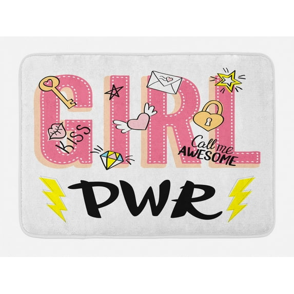 Girl Slogan Bath Mat, Girl Power Doodle Sketchy for Valentines and Romance Hearts with Wings Print, Plush Bathroom Decor Mat with Non Slip Backing, 29.5" X 17.5", Multicolor, by Ambesonne