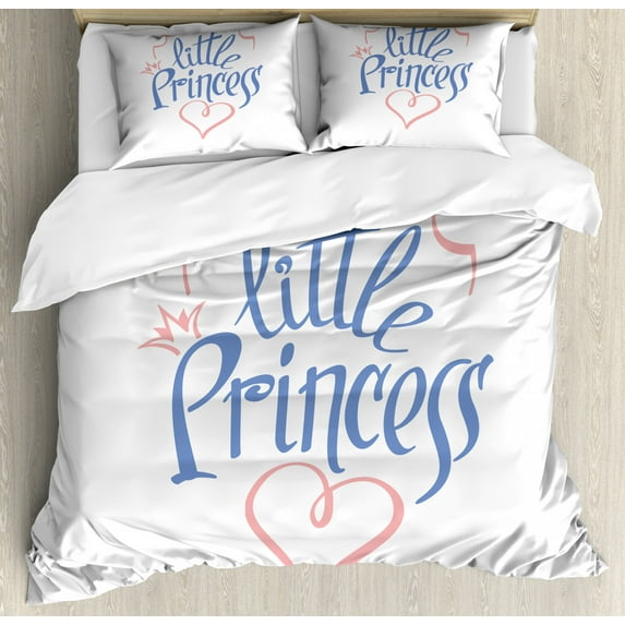 Girl Slogan Duvet Cover Set Queen Size, Little Princess in Curvy Handwriting Girly Crown Queen Like Heart, 3 Piece Bedding Set with 2 Pillow Shams, Ceil Blue and Pale Pink, by Ambesonne