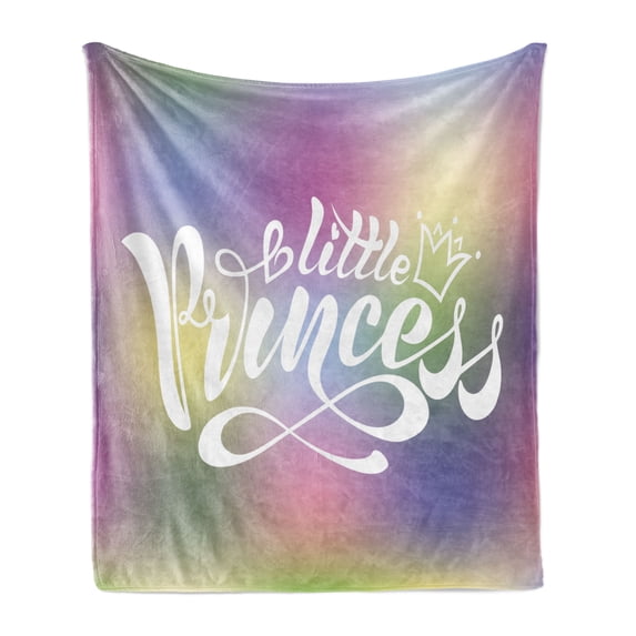 Girl Slogan Soft Flannel Fleece Blanket, Little Princess Writing with a Mini Crowning Hearts and Infinity Curves Pattern, Cozy Plush for Indoor and Outdoor Use, 70" x 90", Multicolor, by Ambesonne