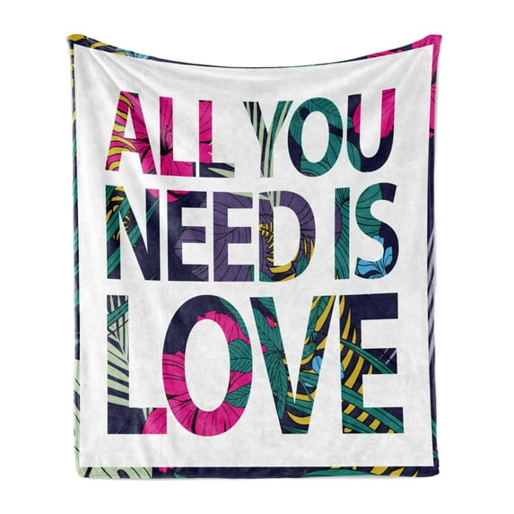 Girl Slogan Soft Flannel Fleece Throw Blanket, All You Need is Love Tropical Exotic Theme Typography Square Frame Floral, Cozy Plush for Indoor and Outdoor Use, 50" x 70", Multicolor, by Ambesonne