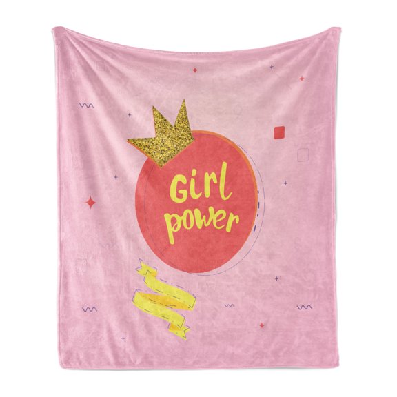 Girl Slogan Soft Flannel Fleece Throw Blanket, Circle Wavy Strikes Details with a Crown Illustration Girl Power, Cozy Plush for Indoor and Outdoor Use, 50" x 70", Multicolor, by Ambesonne