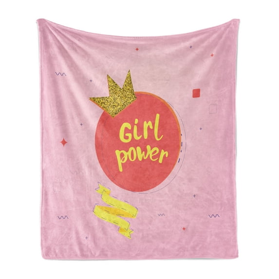 Girl Slogan Soft Flannel Fleece Throw Blanket, Circle Wavy Strikes Details with a Crown Illustration Girl Power, Cozy Plush for Indoor and Outdoor Use, 70" x 90", Multicolor, by Ambesonne