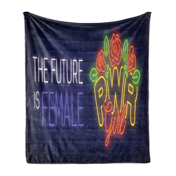Girl Slogan Soft Flannel Fleece Throw Blanket, Future is Female Text with a Bunch of Roses on a Brick Wall Neon Power, Cozy Plush for Indoor and Outdoor Use, 70" x 90", Multicolor, by Ambesonne