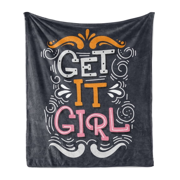 Girl Slogan Soft Flannel Fleece Throw Blanket, Get It Girl Text Splashes Strikes Waves Spirals Dark Backdrop Typographical, Cozy Plush for Indoor and Outdoor Use, 60" x 80", Multicolor, by Ambesonne