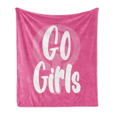 Girl Slogan Soft Flannel Fleece Throw Blanket, Go Girls Hand Drawn Typography Poster Type Fun and Feminine, Cozy Plush for Indoor and Outdoor Use, 50" x 60", Pastel Pink Pink, by Ambesonne