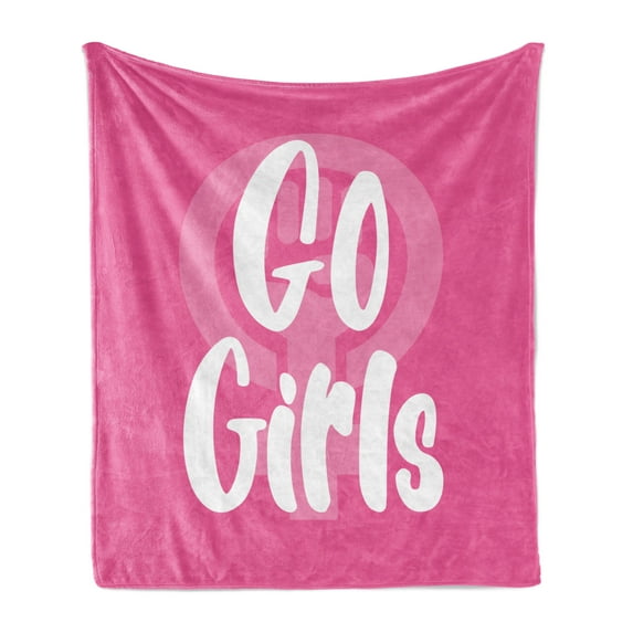 Girl Slogan Soft Flannel Fleece Throw Blanket, Go Girls Hand Drawn Typography Poster Type Fun and Feminine, Cozy Plush for Indoor and Outdoor Use, 70" x 90", Pastel Pink Pink, by Ambesonne