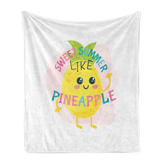 Girl Slogan Soft Flannel Fleece Throw Blanket, Summer Like Pineapple with Big Eyes Fruity Hawaiian Ladylike Artwork, Cozy Plush for Indoor and Outdoor Use, 50" x 60", Multicolor, by Ambesonne