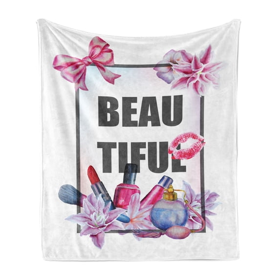 Girl Slogan Soft Flannel Fleece Throw Blanket, Text in a Wreath Frame Design Floral and Cosmeticsme Ribbon, Cozy Plush for Indoor and Outdoor Use, 70" x 90", Multicolor, by Ambesonne