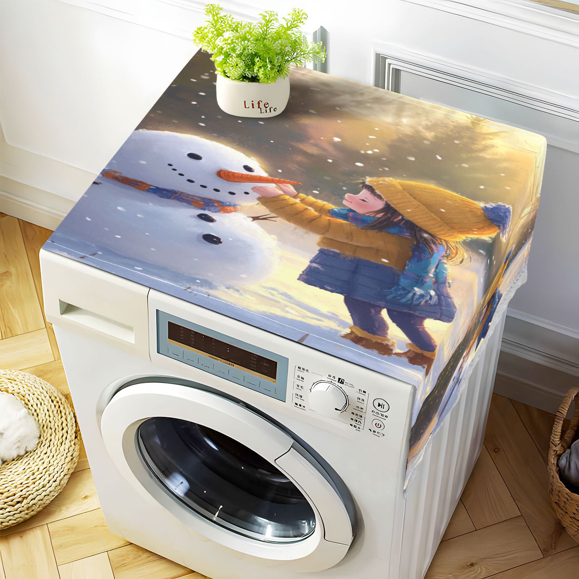 Girl with A SnowmanWasher and Dryer Covers Dust-Proof and Oil Resistant Fridge Cover with 4 Storage Pockets Washing Machine Top Cover for Laundry Kitchen Home 51.2 x 22 In