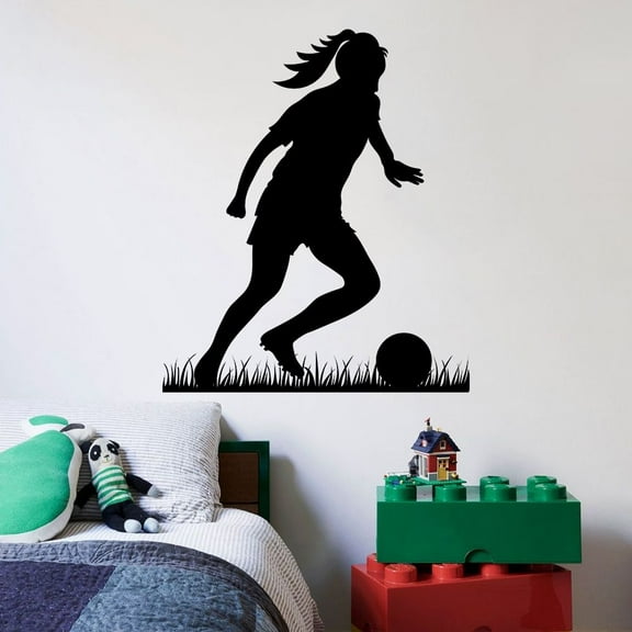 Girl Soccer Playing Silhouette Soccer Field Goal Kick Kicker Own Goal Soccer Silhouette Wall Sticker Vinyl Decal Home Decor For Girl Children Room Home Bedroom Decoration Size (10x10 inch)