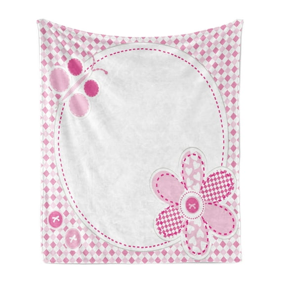Girl Soft Flannel Fleece Blanket, Baby Girl Theme with Flower and a Butterfly Lady Like Sweetheart Composition, Cozy Plush for Indoor and Outdoor Use, 50" x 70", Hot Pink Baby Pink, by Ambesonne