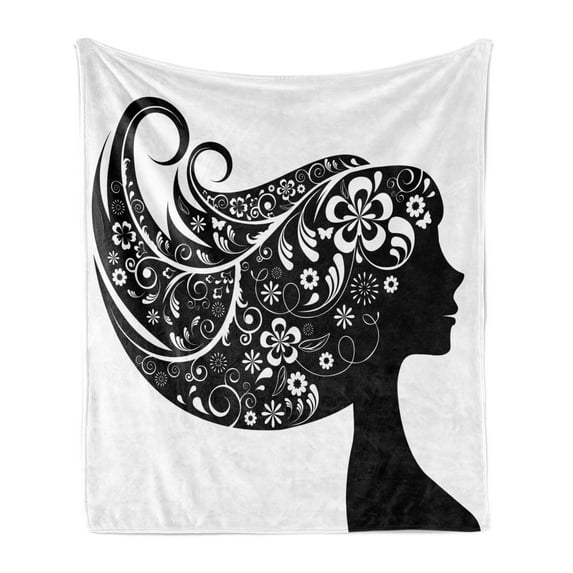 Girl Soft Flannel Fleece Throw Blanket, Illustration of Woman Silhouette with Wavy Floral Hair Design, Cozy Plush for Indoor and Outdoor Use, 70" x 90", Charcoal Grey and White, by Ambesonne