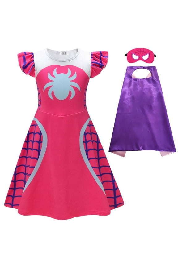 Girl Spider Costume with Mask Cape Halloween Superhero Cosplay Outfits Set for 4-5Y