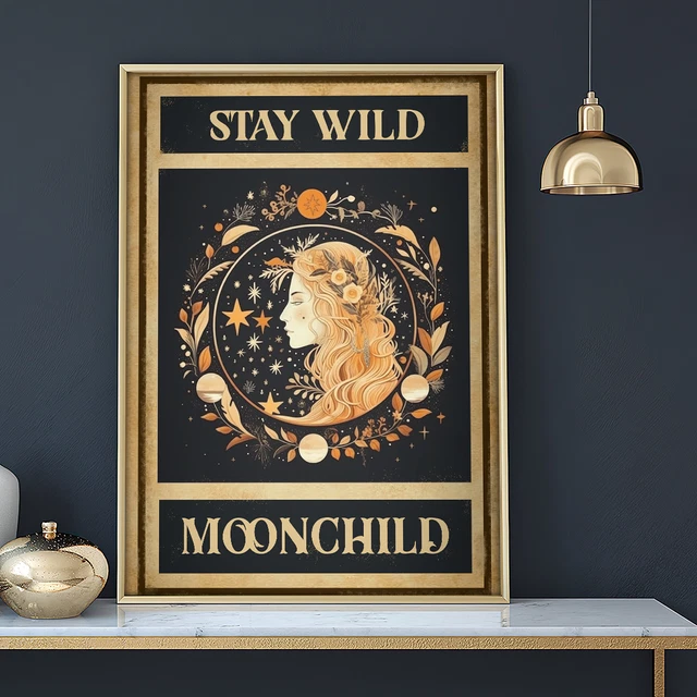 TNND Póster de yoga con texto en inglés Stay Wild Moon Child Satin Vintage Hippie Yoga Poster No Decor Metal Sign Poster 20,3 x 30,5 cm
