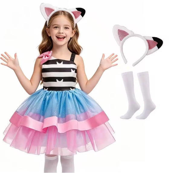 Girl Striped Tutu Dress Set with Ear Headband Socks Halloween Birthday Party Dress up
