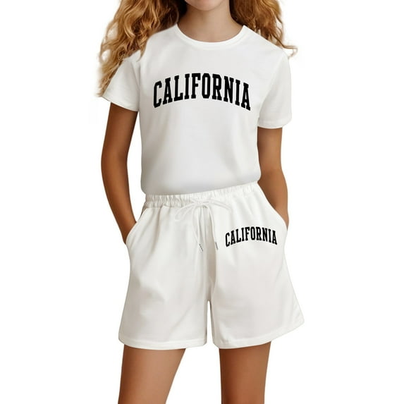 Girl Summer Clothes Letter Print Short Sleeve Casual T-Shirt Tops + Shorts Pants Girl 2 Piece Outfits 9-10 Years Girl Clothing Girls Fashion
